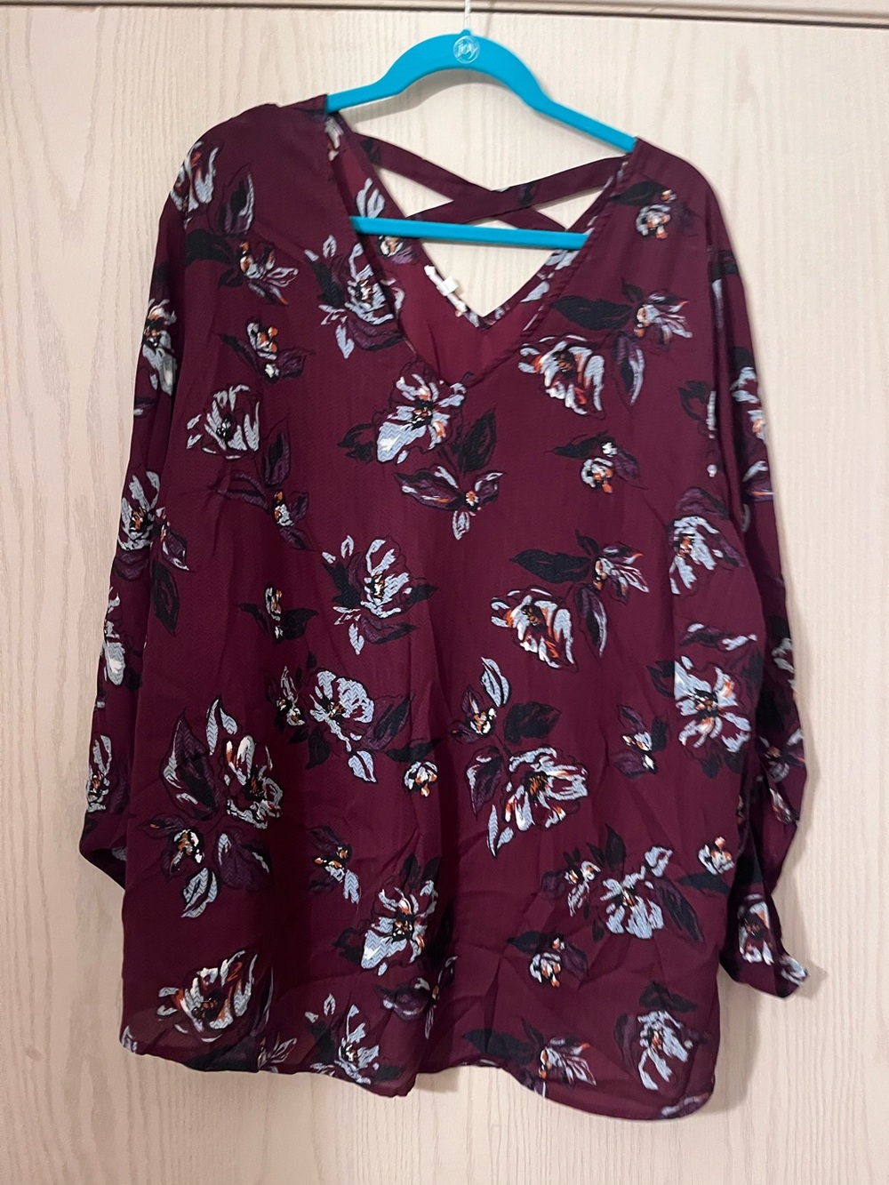 Maurices Floral Crisscross V-Neck Blouse in Burgundy